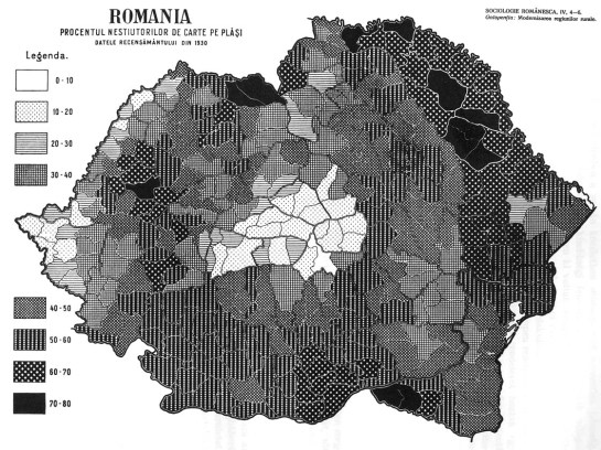 Harta procentului nestiutori de carte din Romania pe plasi, date statistice ale recensamantului din 1930
